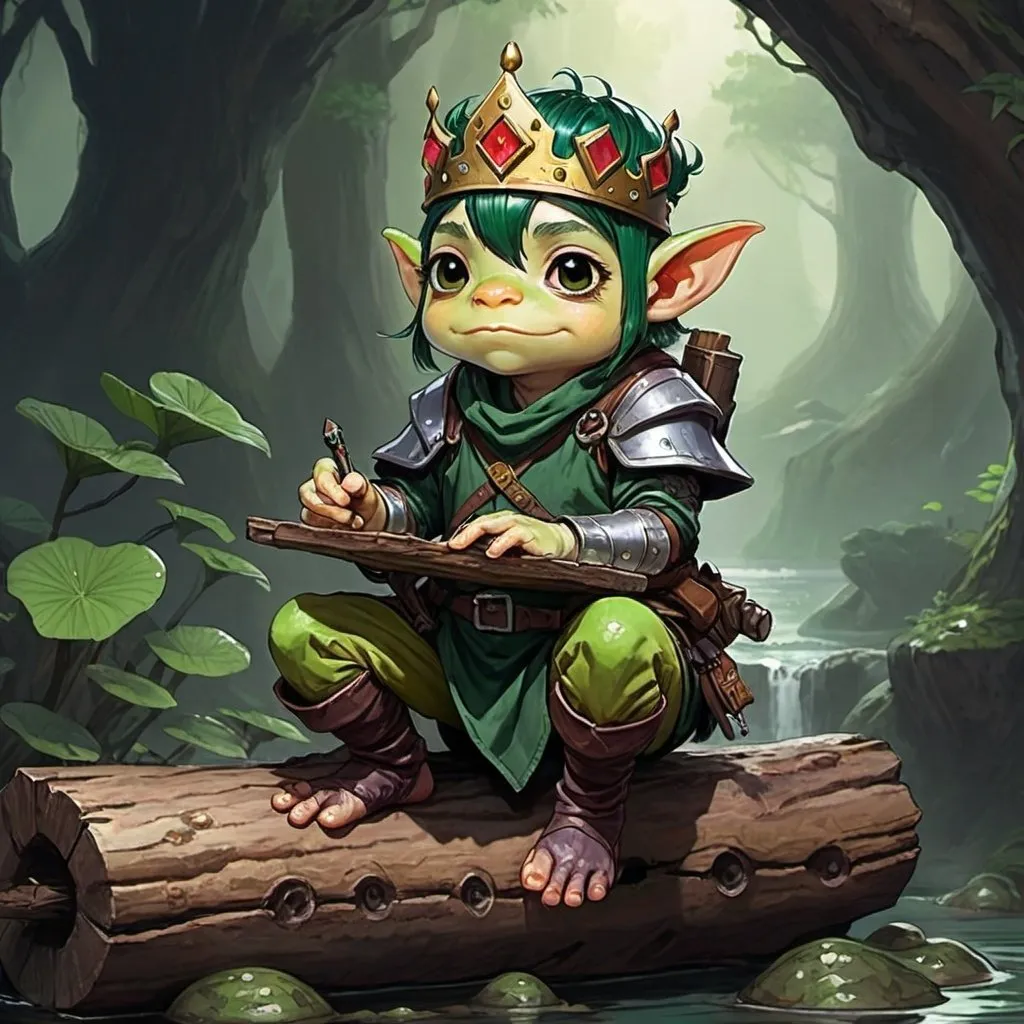 Prompt: dungeons and dragons fantasy art halfling male artificer with dark green hair workshop tinkerer, A frog wearing a crown sits on a log in a Japanese anime style.