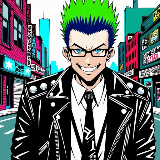 Prompt: anime, man, green Mohawk, American, blue eyes, missing a tooth, wearing glasses detailed, smirking, very insane, very detailed, wearing a leather jacket and tie, standing in front of a detailed punk rock city