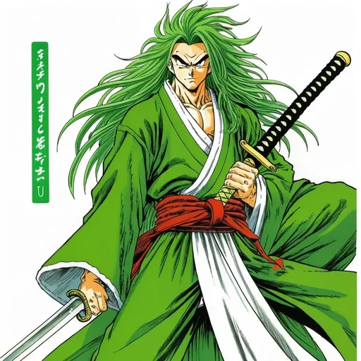 Prompt: akira toriyama style manga, celery samurai, long leafy hair down to his feet, green fingernails, sword at his side