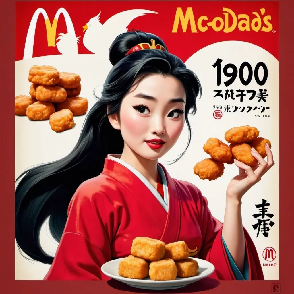 Prompt: japanese mcdonalds as 1950s Disney poster, mulan eating a chicken nugget