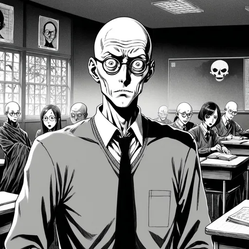 Prompt: Junji Ito manga style, tall,bald german man, wearing glasses in a spooky classroom, manga scene, evil students 