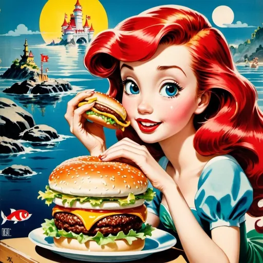 Prompt: japanese mcdonalds as 1950s Disney poster, little mermaid eating a cheeseburger