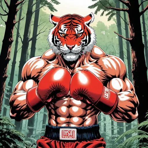 Prompt: anime, Katsuhiro Otomo style, muscular boxing tiger, red boxing gloves, forest setting