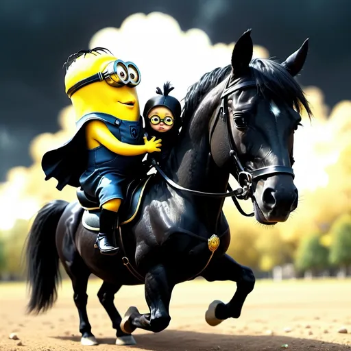 Prompt: a baby yellow minion riding a black horse, realistic, 4k, anime