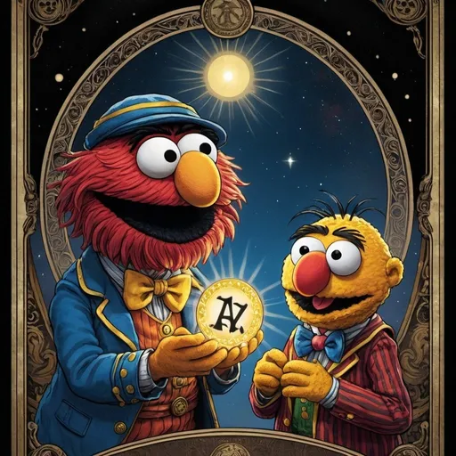 Prompt: tarot card Anime illustration, burt and ernie from sesame street, detailed ornate, dramatic lighting