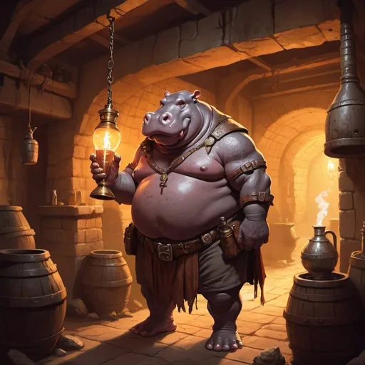 Prompt: hippo-man character holding a bong in a huge underground tavern , fantasy character art, illustration, dnd, warm tone