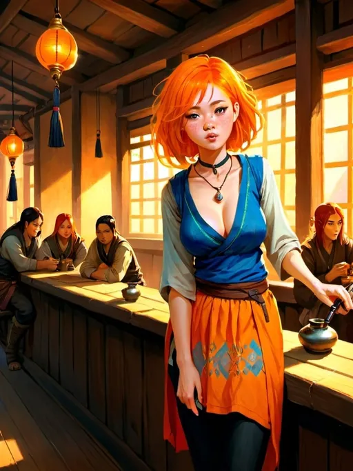 Prompt: Pretty hmong girl, orange hair, blue eyes, female, large breasted character holding an opium pipe in a massive, airy tavern, fantasy character art, illustration, dnd, warm tone, thieves in the background