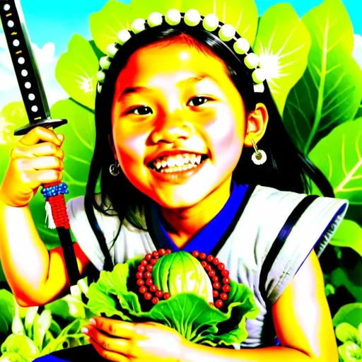 Prompt: Hmong girl, manga, celery sword, lettuce shield, samurai armor, Akira toriyama style, beads in hair 
