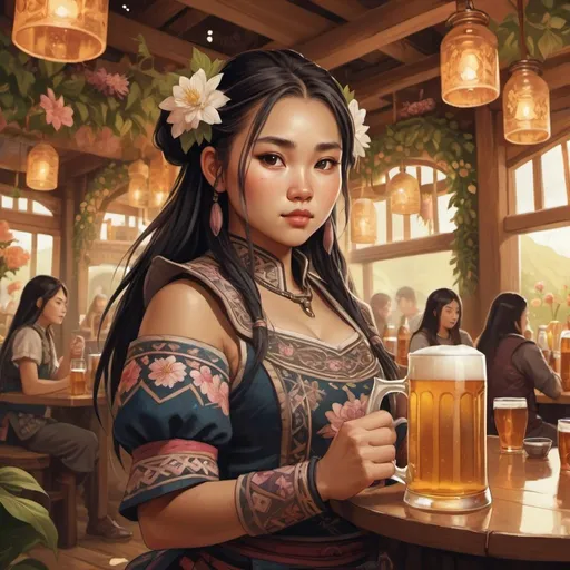 Prompt: hmong girl character holding a mug of beer in a massive floral tavern, fantasy character art, illustration, dnd, warm tone