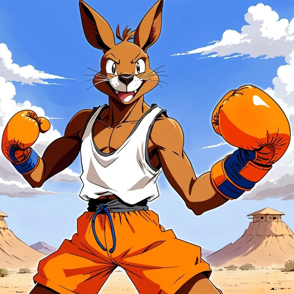 Prompt: anime dragonballgt-style, boxing kangaroo, orange boxing gloves, Arabian desert setting, ripped orange shorts, crazy eyes, wild smile, wearing a tank top