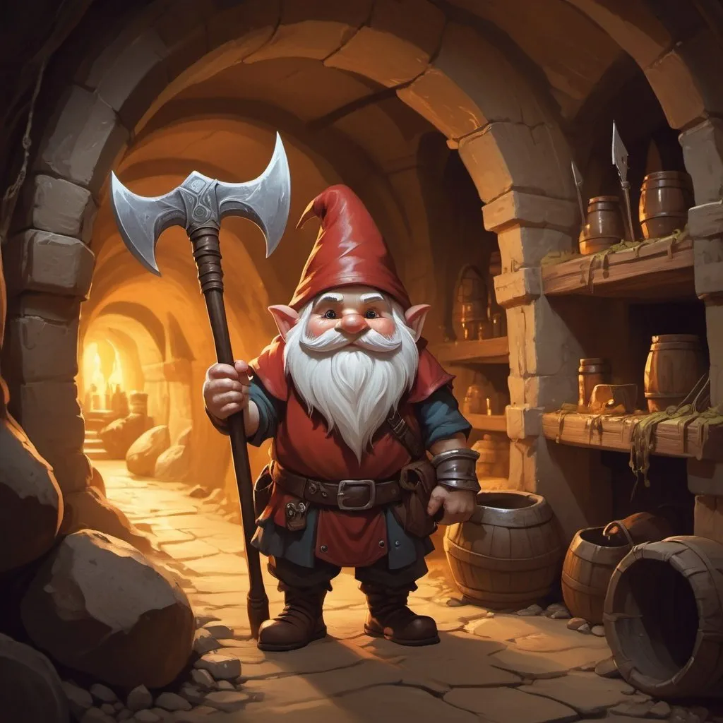 Prompt: gnome character holding a scyth in a huge underground tavern , fantasy character art, illustration, dnd, warm tone