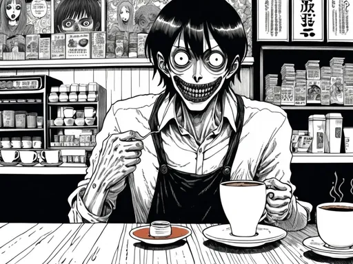 Prompt: Junji Ito manga style, crazy man in coffee shop, spilling coffee, manga scene