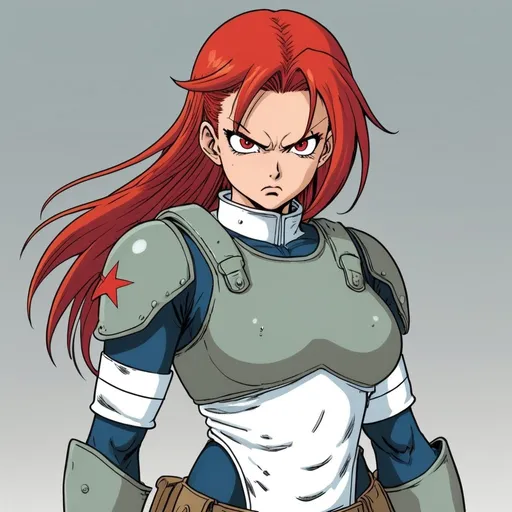 Prompt: akira toriyama style manga, ranch dressing female soldier, full armor, red hair, angry eyes