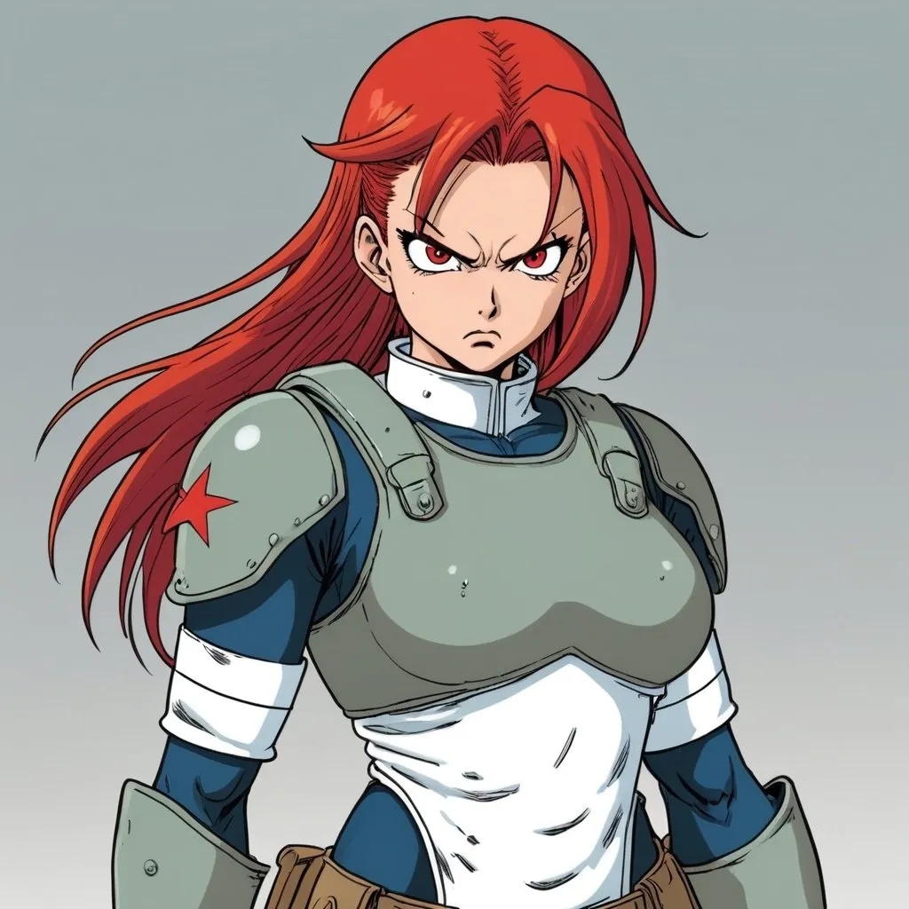 Prompt: akira toriyama style manga, ranch dressing female soldier, full armor, red hair, angry eyes