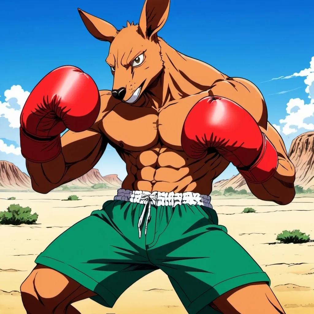 Prompt: anime, toriko style, muscular boxing kangaroo, red boxing gloves, desert setting, ripped green shorts