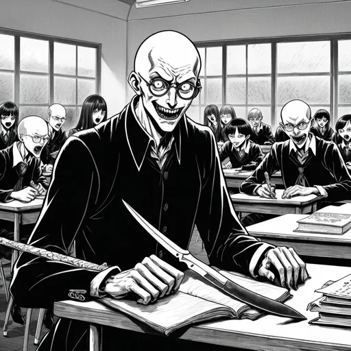 Prompt: Junji Ito manga style, bald german man wearing glasses in a classroom, manga scene, evil students with vampire fangs hold daggers