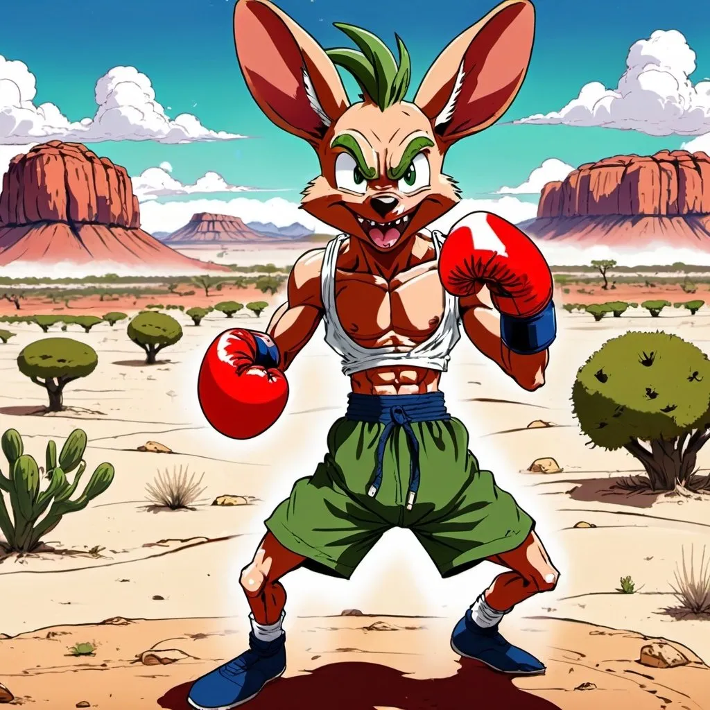 Prompt: anime dragonball-style, boxing kangaroo, red boxing gloves, Australian desert setting, ripped green shorts, crazy eyes, wild smile