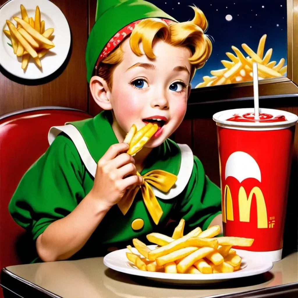 Prompt: japanese mcdonalds as 1950s Disney poster, peter pan eating french fries
