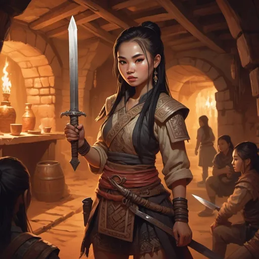 Prompt: hmong girl character holding a dagger in a huge underground tavern , fantasy character art, illustration, dnd, warm tone