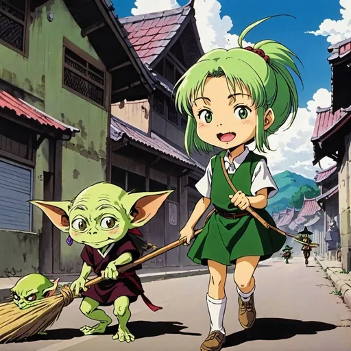 Prompt: 1990s anime screencap, a hmong school girl green skin, next to a tiny goblin riding a broom, goblin, anime scene, next to a busy street