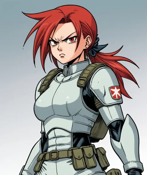 Prompt: akira toriyama style manga, ranch dressing female soldier, full armor, red hair, angry eyes