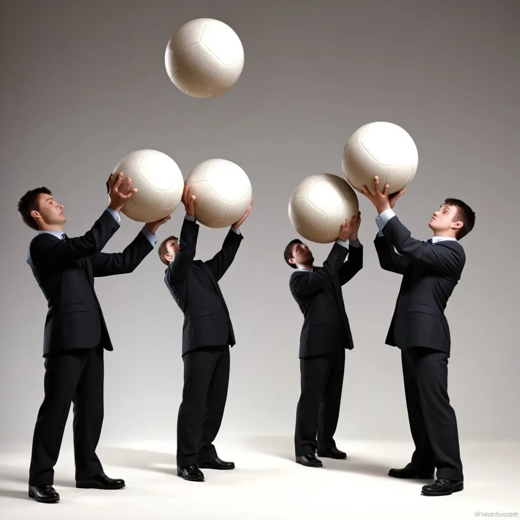 Prompt: Draw a man holding a ball overhead 
Expand the image to two or three people holding multiple balls overhead some of the balls are heavy some of the balls might fall teamwork 
