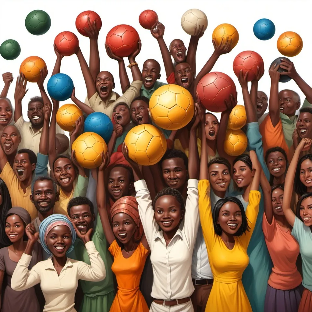 Prompt: Draw dozens of people all nationalities holding up dozens of balls. Some heavy some almost falling overhead causal clothing african dress some of the people happy others stressed 