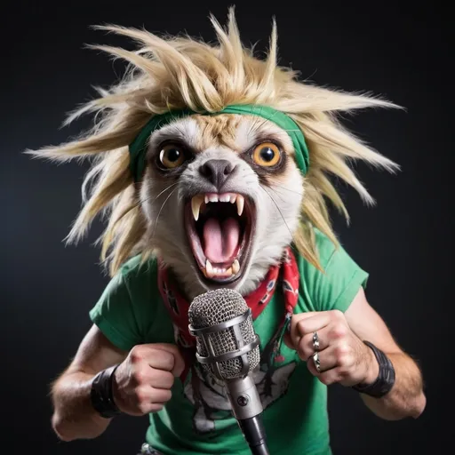 Prompt: Crazy looking animal rockstar with link hair and a bandanna on its head. Screaming into a microphone. 