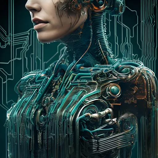 Prompt: Circuit board cyborg female by parametric design, abstract horror by Symmetrical Eyeball, insanely detailed circuit board skin, extremely detailed, 3D rendering, --style 10j3e84U9, insanely detailed, raw light,3D rendering, intricate details HDR, beautifully shot, hyperrealistic, sharp focus, 64 megapixels, perfect composition, high contrast, cinematic, atmospheric, moody, complex hyper-maximalist background scenes,