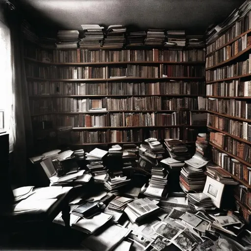 Prompt: Realistic  photo a library, overstuffed with books, newspapers, as a hoarder lived in the house. Colorize