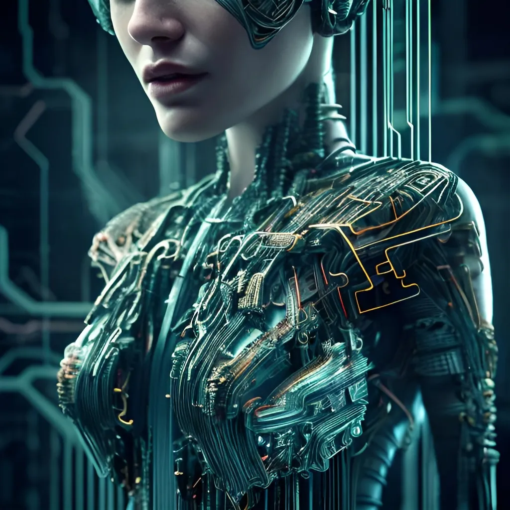 Prompt: Circuit board cyborg female by parametric design, abstract horror by Symmetrical Eyeball, insanely detailed circuit board skin, extremely detailed, 3D rendering, --style 10j3e84U9, insanely detailed, raw light,3D rendering, intricate details HDR, beautifully shot, hyperrealistic, sharp focus, 64 megapixels, perfect composition, high contrast, cinematic, atmospheric, moody, complex hyper-maximalist background scenes,