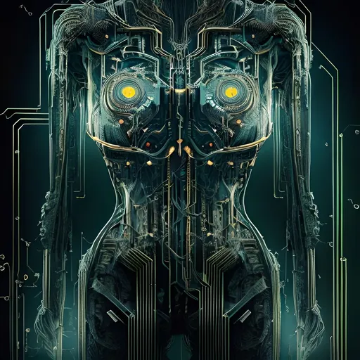 Prompt: Circuit board cyborg female by parametric design, abstract horror by Symmetrical Eyeball, insanely detailed circuit board skin, extremely detailed, 3D rendering, --style 10j3e84U9, insanely detailed, raw light,3D rendering, intricate details HDR, beautifully shot, hyperrealistic, sharp focus, 64 megapixels, perfect composition, high contrast, cinematic, atmospheric, moody, complex hyper-maximalist background scenes,