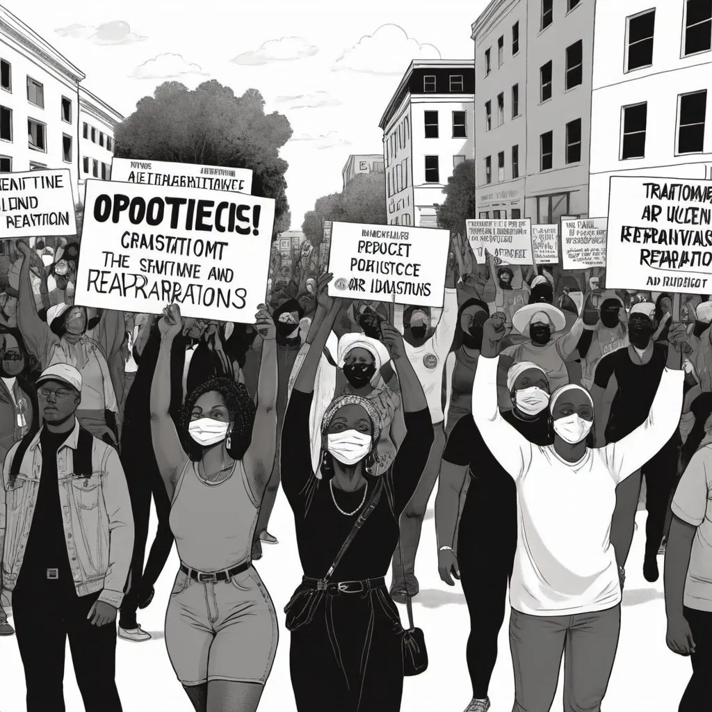 Prompt: protest illustration for transformative justice and reparations