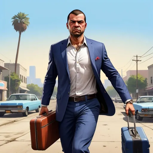 Prompt: Use GTA image art to make me an image that portraits moving out of hometown to reach success, dragging a large carry on luggage bag and a laptop on the other hand, dress code white t-shirt with a blue blazer