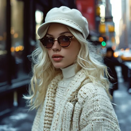 Prompt: A young white female woman, 22 years old, very attractive, dressed in fashionable daywear circa 2009, in a NYC street, shot full-frame in 9:16 format, daylit, like a vogue ad