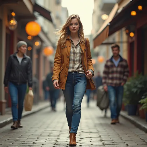 Prompt: Tall young woman walking down the high street, detailed clothing, realistic, natural lighting