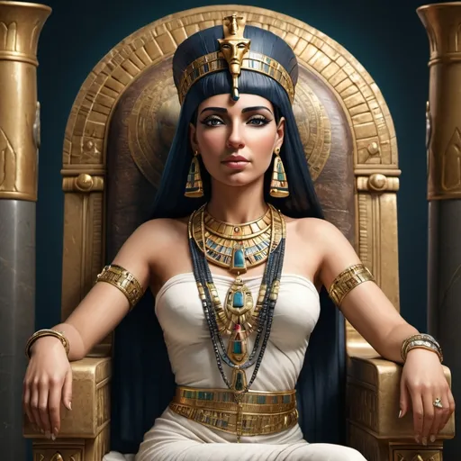 Prompt: a queen cleopatra wearing jewellery and sitting in throne, realistic, highly detailed