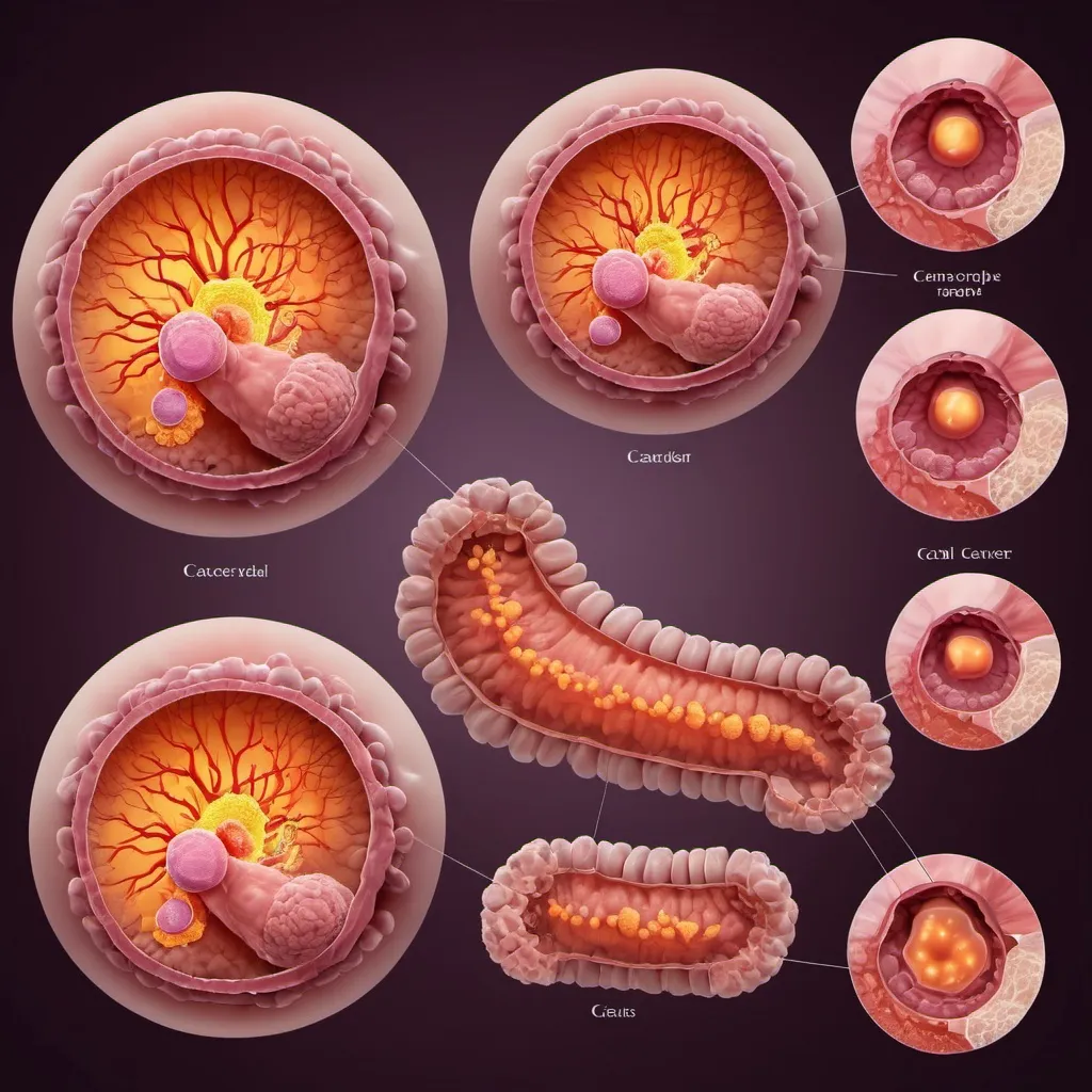 Prompt: Colorectal cancer progression, digital illustration, tumor growth stages, medical accuracy, high resolution, realistic style, clinical setting, detailed cancer cells, intense lighting, medical illustration