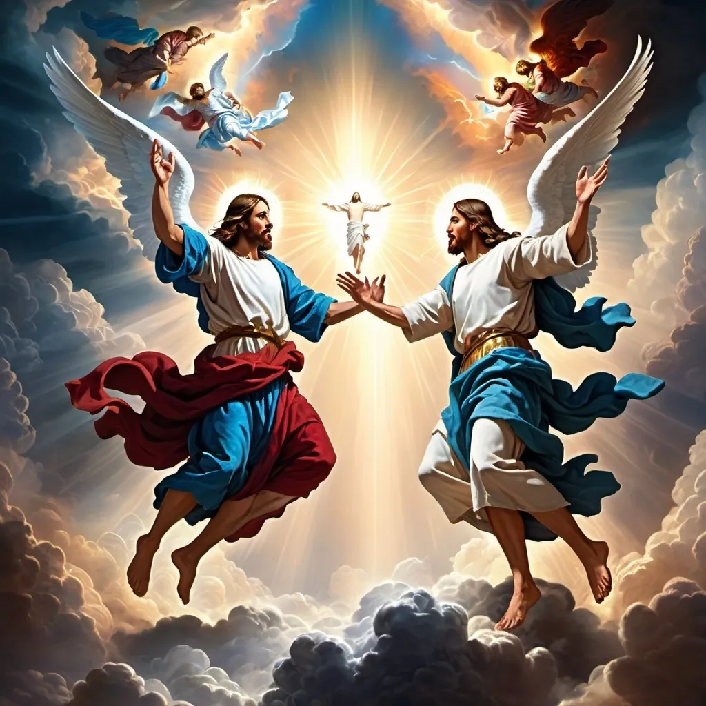 Prompt: Jesus and Michael destroying in fight with demons in heaven 