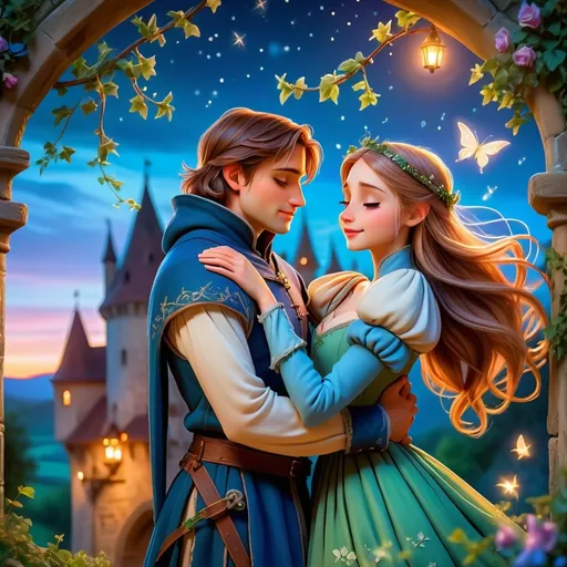 Prompt: beautiful couple hugging, in magical  medieval times in nature blue light at night time 