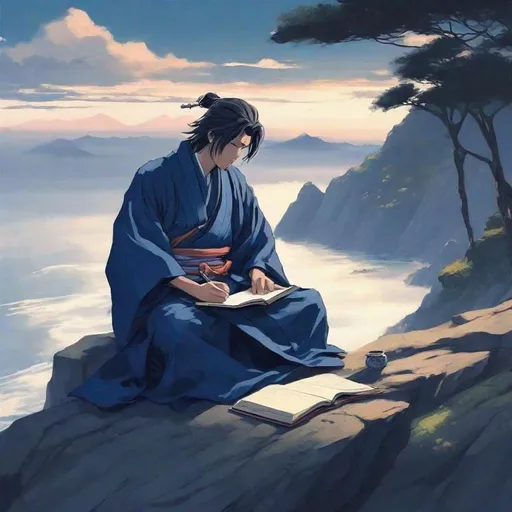 Prompt: Samurai in a traditional  deep blue robes, sitting on a cliff over sea and writing in a journal on makoto shinkai style, peaceful, fantasy japanese
