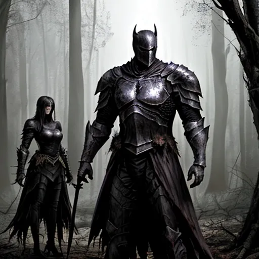 Prompt: Dark fantasy knight webbed armor standing in dead forest dark and gritty