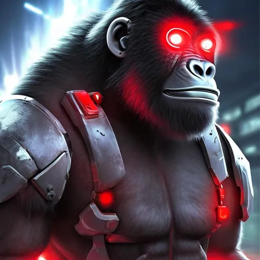 Prompt: Futuristic Cyborg gorilla with red eyes and a helmet