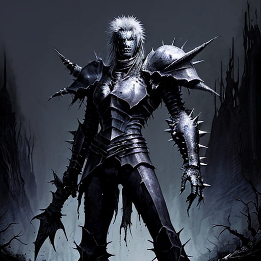 Prompt: Fantasy death knight webbed and spiky armor standing in dead forest rendered in dark and gritty 1980s art style 