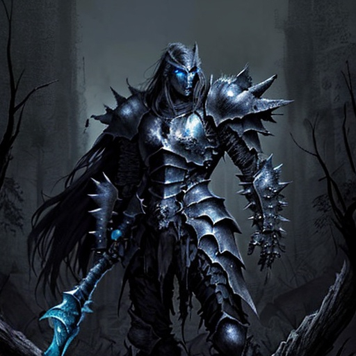 Prompt: Fantasy death knight hero wearing webbed and spiky heavy armor standing in dead forest rendered in dark and gritty 1980s art style 