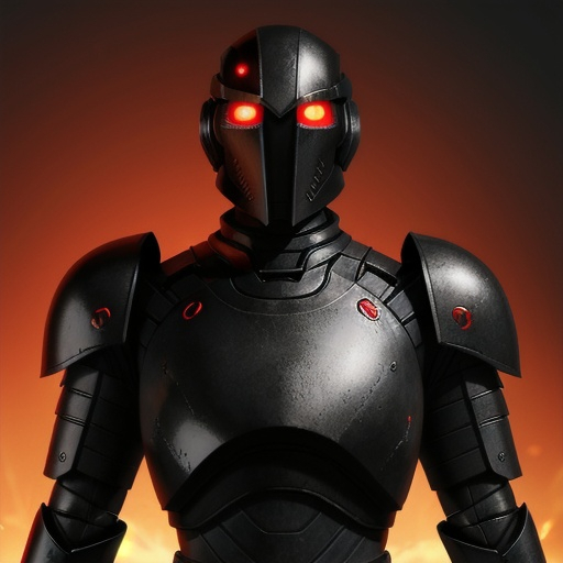 Prompt: Organic android warrior black armor red glowing eyes