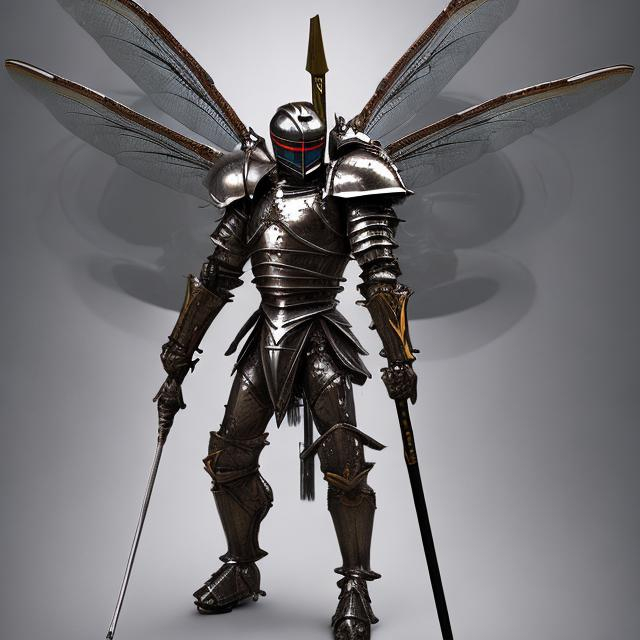 Prompt: Humanoid Dragonfly wearing knight armor wielding a javelin