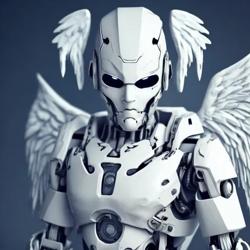 Prompt: White robot with blank white face and angel wings dark fantasy 