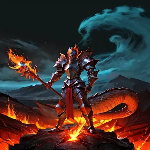 Prompt: Dragon Warrior wearing heavy armor standing in front of mountain vista with flowing lava