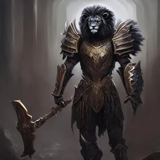 Prompt: Humanoid black lion gladiator dark fantasy art 